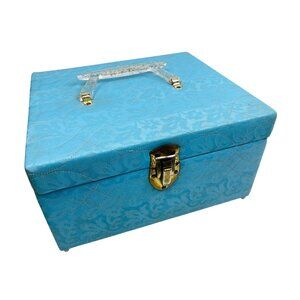 Vintage Blue Sewing Storage Box Quilted Pattern w/ Tray MCM 60s 70s